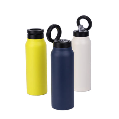 Three insulated water bottles in yellow, blue, and white with black lids on a white background.
