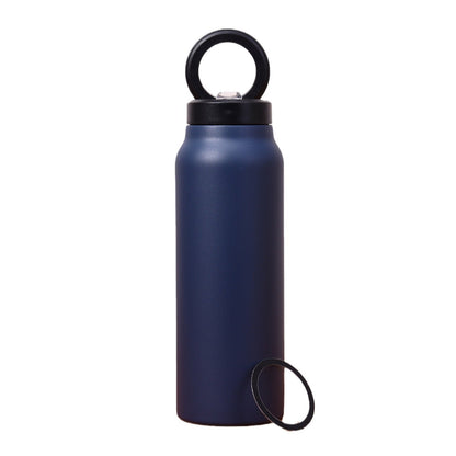 Blue water bottle with black lid and handle on a white background