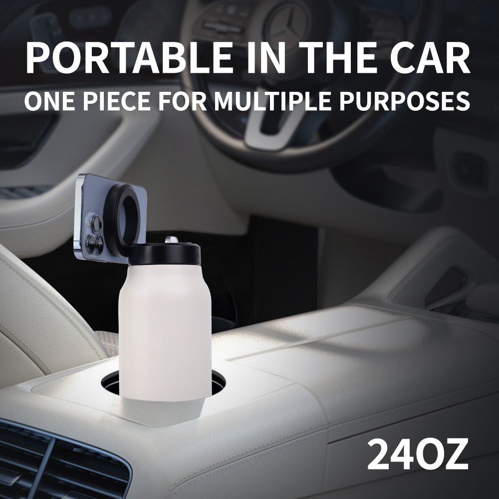 Portable car cup holder with a 24oz container inside a car.