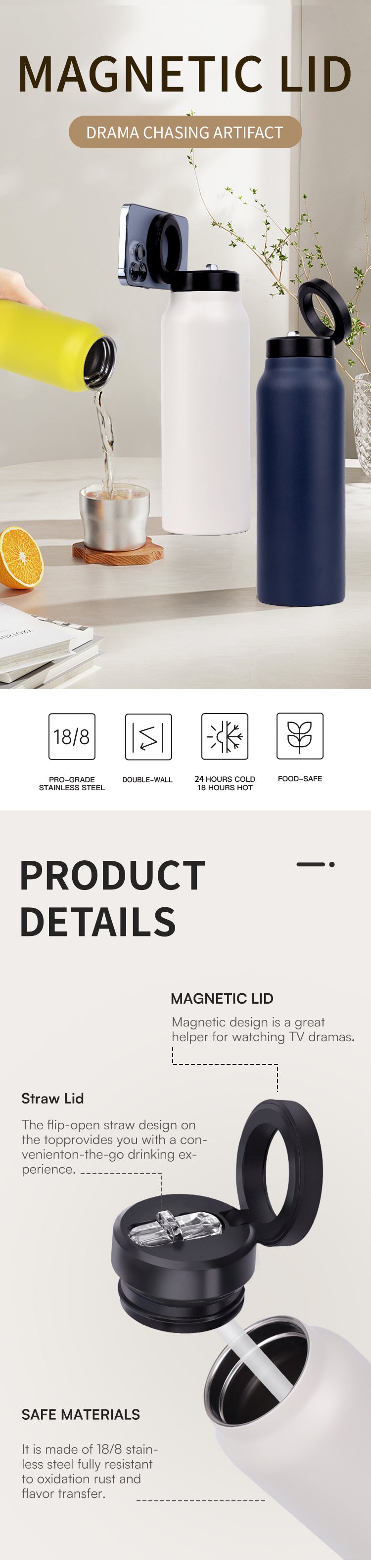 Magnetic lid product with water bottle on a white background