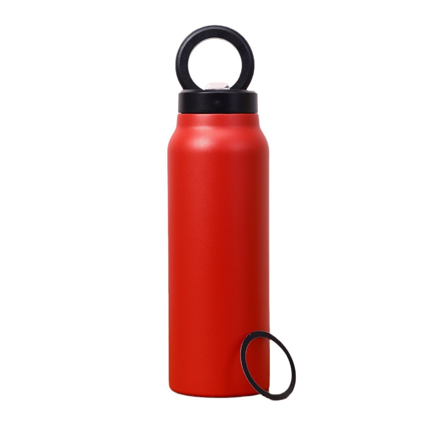 Red water bottle with black lid and loop on a white background