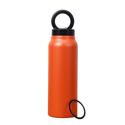 Orange water bottle with black cap and loop on a white background