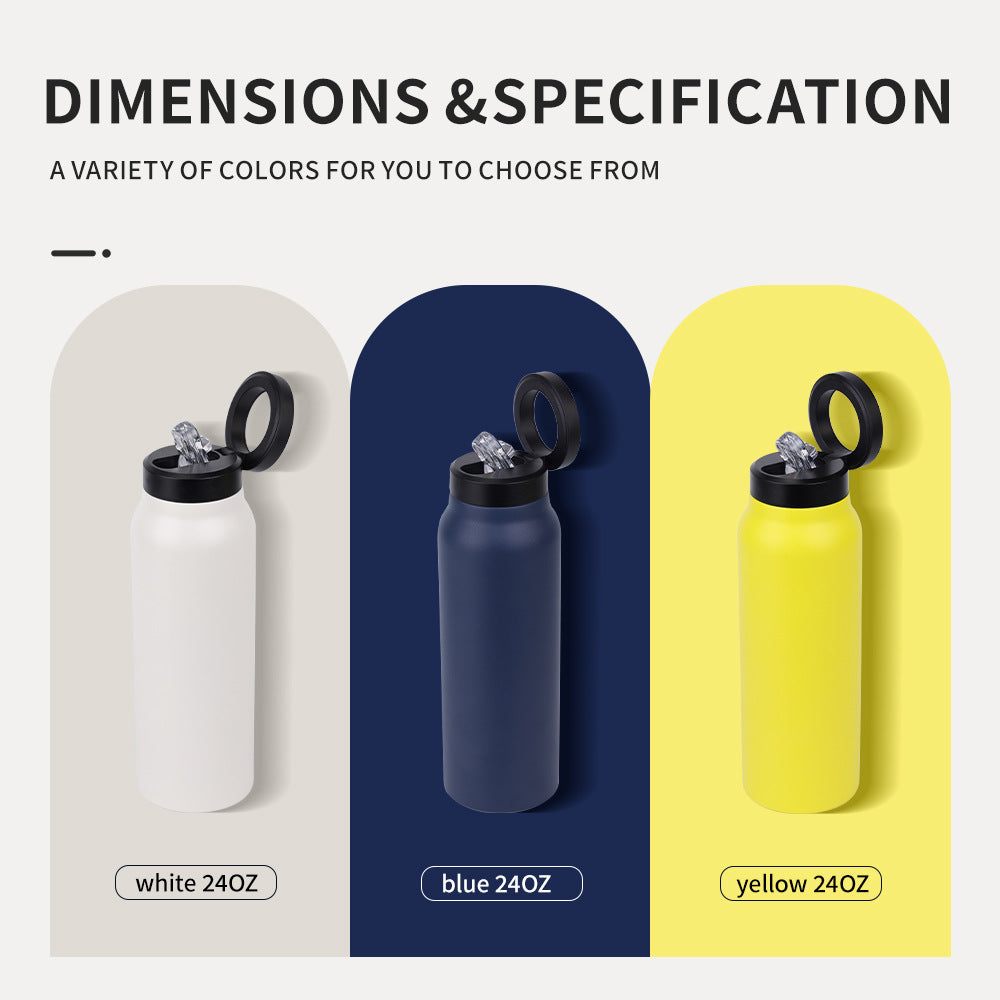 Three water bottles in white, blue, and yellow on a gray background with text about dimensions and color options.